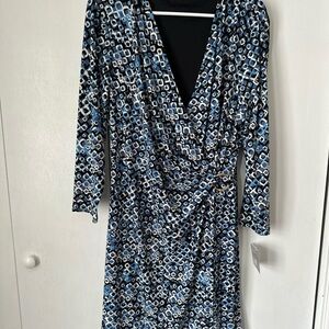 Kasper Geometric Blue and Black Long Sleeve Dress